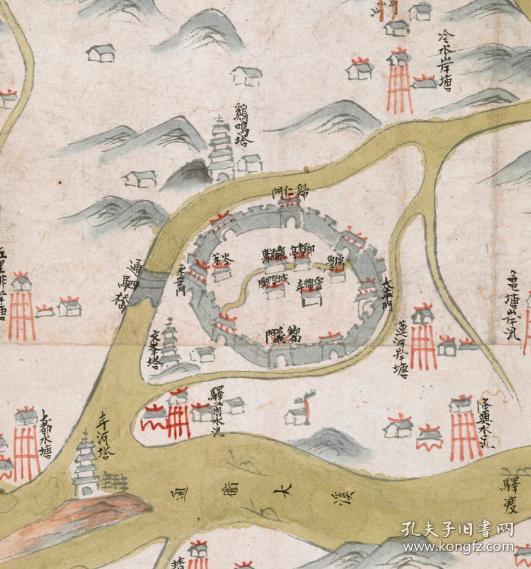 【提供资料信息服务】清道光《龙游县图》（龙游老地图、龙游县老地图）绘制县城、山川、河流、关卡。上方盖龙游县印一方。龙游县地理地名历史变迁史料。原图高清复制。裱框后，风貌佳。