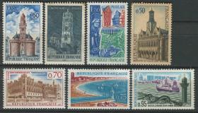 法国邮票 1967年 旅游风光 罗德茨大教堂 圣康泰市政大厦 布洛内海港 圣日耳曼城堡 雕刻版  7全新 DD