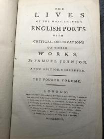 1783年 THE LIVES OF THE MOST EMINENT ENGLISH POETS 约翰逊《诗人传》BY SAMUEL JOHNSON 第四本 全皮装帧 好品 22X14CM