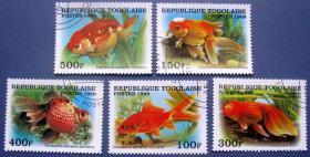海洋鲫鱼等5张全--多哥邮票--外国海洋生物邮票甩卖--珍稀动物-海洋生物--实拍--包真