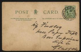 1905年英国利兹城市广场City Square Leeds彩色片贴美国邮票半分一枚旧片一件，销利兹05.JY.24戳