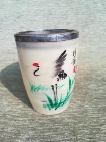 80年代保温杯旅行杯外壳，完整，手绘仙鹤水草清趣图，8.2*6.2*11cm