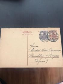 一战古典老明信片 实寄加贴邮票