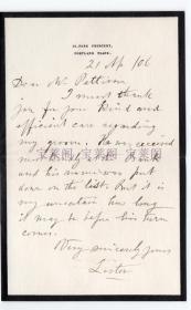 “外科消毒法之父”英国伟大医生 约瑟夫·李斯特(Joseph Lister）1906年亲笔信 附实寄封