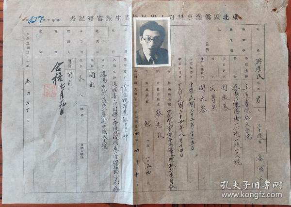 民国 沈阳 伪满大学 王道书院 奉天分院 文学系 洪汉民 吴希庸 民国36年 35*25cm 8成