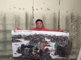 141著名画家中美协会员【晁海】四尺整张山水【江村访友图】
晁海1961年出生，1984年入中央美术学院国画画系。北京市美协会员，中国美协会员，中国美术家“江山行”画家组主持画家。