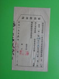 1955年 陕西省郃阳县八区销合作社社员股金证（股票）（同方村 何竹焕）【19×11】