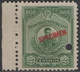 秘鲁邮票，1921年独立100周年纪念，历史名人菲耶尔德，加盖样票