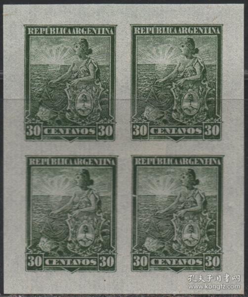 阿根廷邮票，1899年大海长裙自由女神、太阳，试色印样，方联3