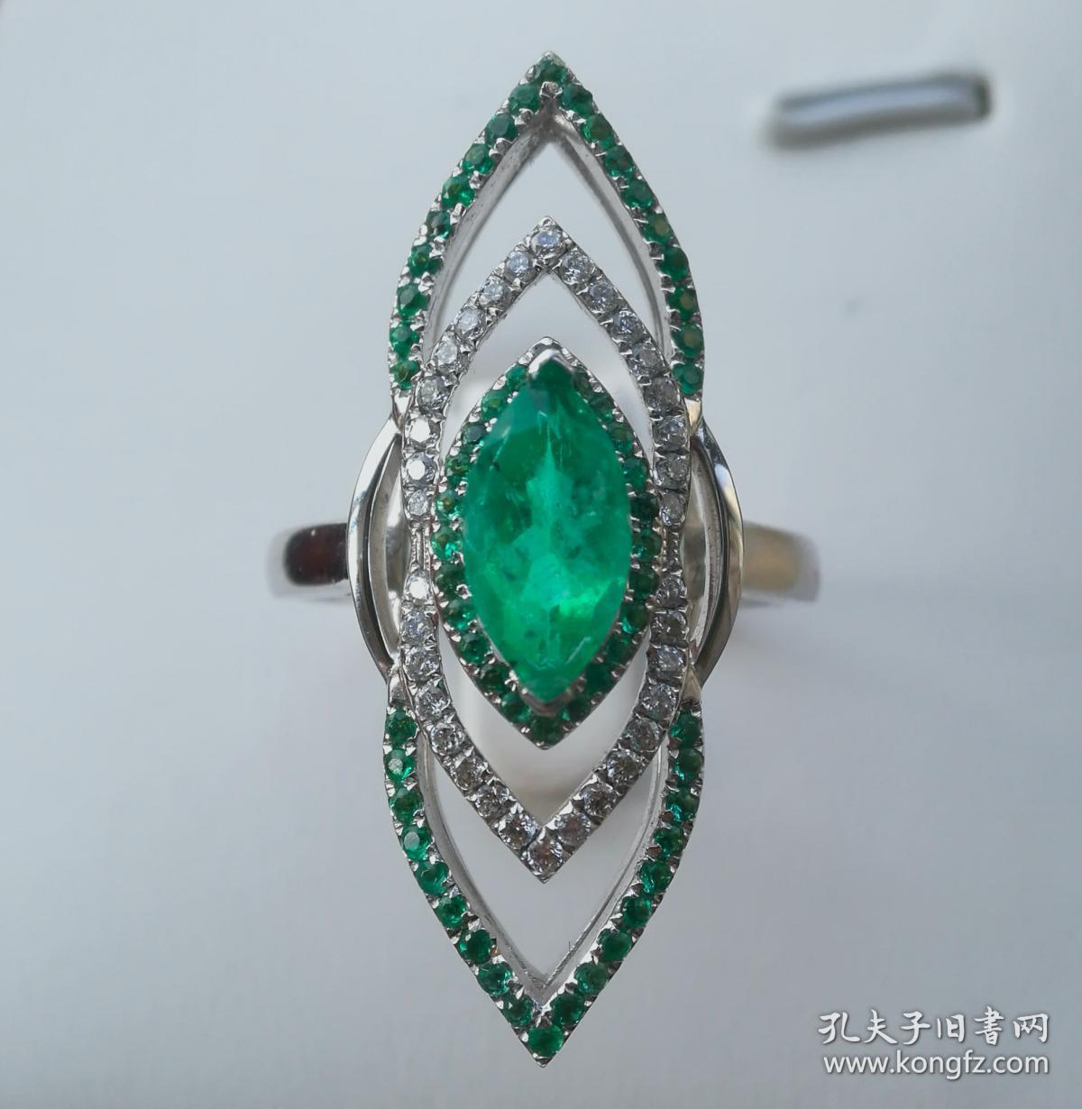 18白K金天然祖母绿钻石戒指 14.5号手寸 总重4.4克宝石重1.23克拉