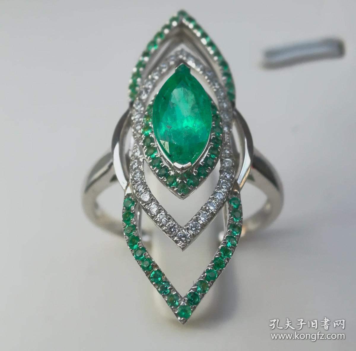 18白K金天然祖母绿钻石戒指 14.5号手寸 总重4.4克宝石重1.23克拉