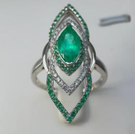 18白K金天然祖母绿钻石戒指 14.5号手寸 总重4.4克宝石重1.23克拉