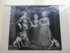 【百元包邮】《查理一世的孩子们》钢版画 1880年 带卡纸装裱  （PM00015）