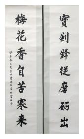 著名书法家【曹硕文】有款无章书法对联一幅，原装原裱立轴，尺寸：133*32*2厘米（约7.7平尺）