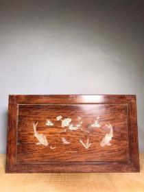 旧藏老木雕花梨木镶嵌彩绘贝壳连年有余大坑桌