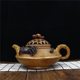 宜兴紫砂壶名家手工原矿茶壶茶具 竹编螃蟹壶 八方来财