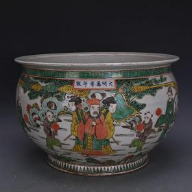 明万历 古彩手绘祝寿人物纹 瓷缸 口径40cm