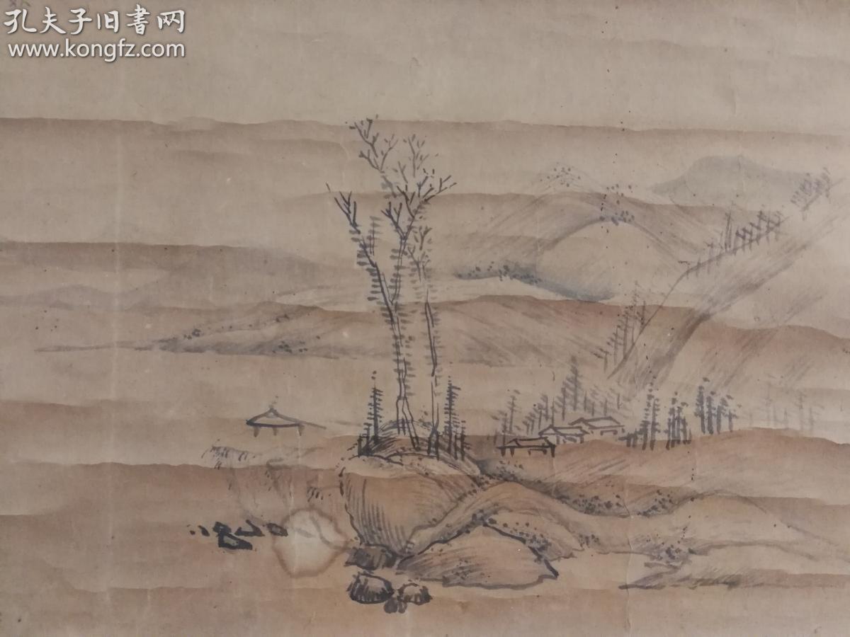 日本江户后期著名南画家田能村竹田 秋山归帆図 原裱立轴，少一轴头。古旧书画，装裱陈旧，画面尚可，建议裁切镜片压框。
尺寸：40X26，49X96。