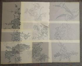 【出版用画稿资料】约七八十年代佚名画家用大尺寸油光纸手绘《花鸟题材》系列画稿一组九张