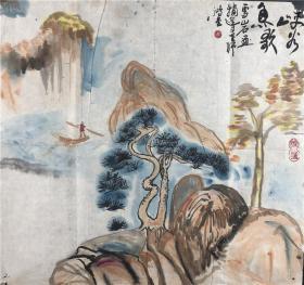 保真，北京荣宝斋画院画家，张鸿，画作：峡谷鱼歌，45*45。中国国家画院程大利山水工作室高研生、安徽省政府参事室省江淮诗书画研究院特聘顾问、中国书画篆刻网签约画家、湖南省艺民轩特聘画家、安徽省美术家协会会员、安徽省书法家协会会员、安徽省颍州书画院副院长。45*45，缺角