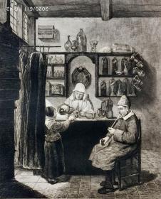 【大英博物馆藏画】1875年法国艺术蚀刻铜版画《荷兰的小药房》—荷兰画家“Quirijn van Brekelenkam(1620-1668)"作品 版画家“Gustave Greux”雕刻 法国ARCHES版画专用水印纸 43x30cm 大英博物馆收藏编号：1877,0210.491（官网可查）雕刻版画 原版版画 古董版画 老版画 欧洲版画 西洋版画 收藏装饰