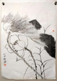 海宁乡贤沈红茶先生荷花册页。并非画在宣纸上。先生用笔高古，所作意境深远。