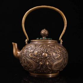 珍藏老纯铜手工打造镶嵌宝石盘龙茶壶