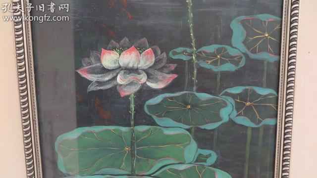 约8-90年代  夜荷花 油画一幅 尺寸78*100厘米