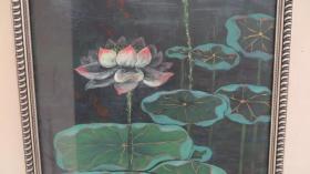 约8-90年代  夜荷花 油画一幅 尺寸78*100厘米