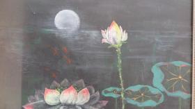 约8-90年代  夜荷花 油画一幅 尺寸78*100厘米