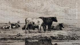 【大英博物馆藏画】1875年法国艺术蚀刻铜版画《法国埃斯考河景色》——法国画家 “ Alfred Jacques Verwée”作品 版画家：Carel Nicolaas Storm 雕刻 法国ARCHES版画专用水印纸 43x30cm 大英博物馆收藏编号：1877,0210.459（官网可查）“1875沙龙展出作品”雕刻版画 原版版画 古董版画 老版画 欧洲版画 西洋版画 收藏装饰