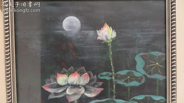 约8-90年代  夜荷花 油画一幅 尺寸78*100厘米