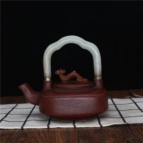 宜兴原矿紫砂壶名家手工镶嵌玉石提梁如意茶壶茶具