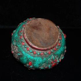 古玩收藏 尼泊尔回流镶嵌松石宝石酒壶摆件 品相如图 尺寸：17×15×17×588克