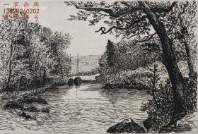 “原创限量版画”1885年“英国约克郡建筑风景系列”蚀刻铜版画《英国·德文特河》—英国雕版画家“Anthony Buckle（1838-1900）” 作品 雕刻 版内签名 专用手工水印纸 36x27cm