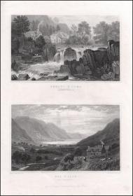 【一册四幅全】1830年《威尔士风景》系列钢版画第17辑，29×22.5cm