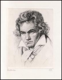 【签名本】1910年蚀刻版画《贝多芬》（最佳标准像），38×26.5cm