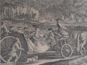 18世纪上半叶，超大铜版画，贵族出游场景。欧洲原框，框也有一定年代和破损。外框75cmX55cm，画芯48cmX31cm