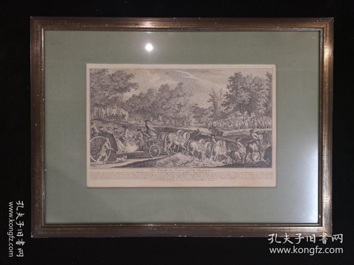 18世纪上半叶，超大铜版画，贵族出游场景。欧洲原框，框也有一定年代和破损。外框75cmX55cm，画芯48cmX31cm