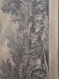 18世纪上半叶，超大铜版画，贵族出游场景。欧洲原框，框也有一定年代和破损。外框75cmX55cm，画芯48cmX31cm