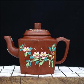 宜兴原矿紫砂壶纯手工粉彩茶六方壶茶壶茶具