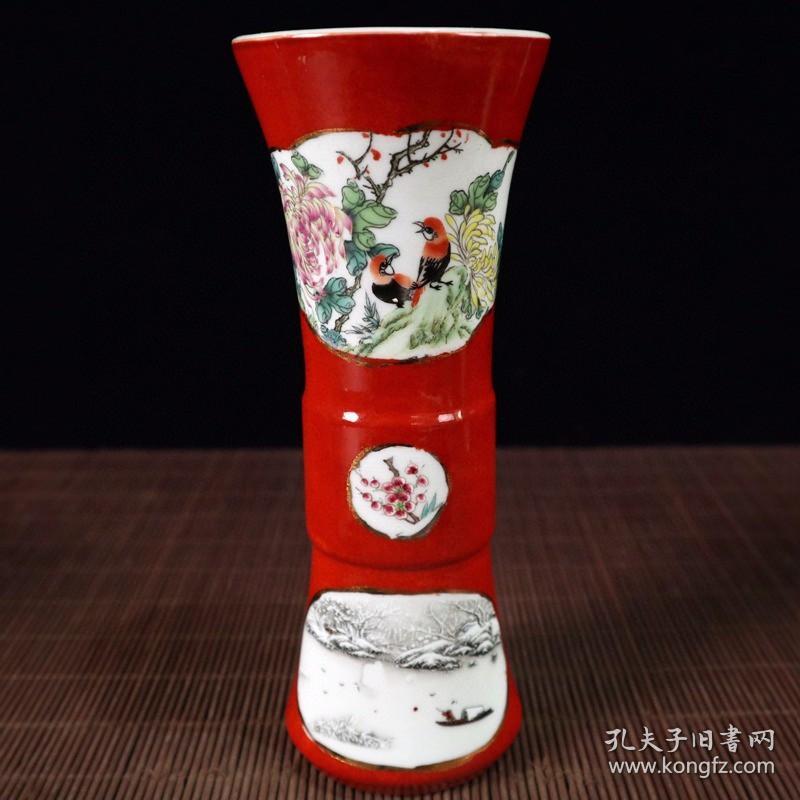 红釉开窗山水花鸟图纹花觚
高23cm宽9cm