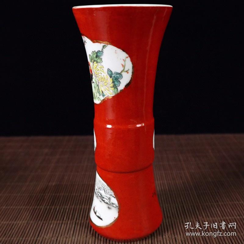 红釉开窗山水花鸟图纹花觚
高23cm宽9cm