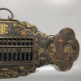 旧藏木胎彩绘漆器【福禄寿】如意木头珠子挂屏算盘
