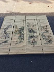 中美协会员，山东著名画家[牛镇江]老师2002年创作的《竹菊梅兰》四条屏立轴，尺寸136X34x4幅，收藏欣赏二不误。