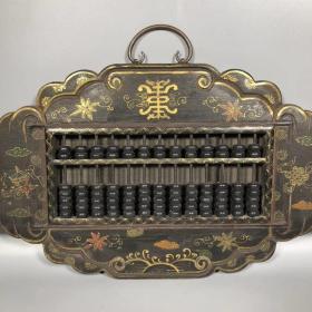 旧藏木胎彩绘漆器【福禄寿】如意木头珠子挂屏算盘