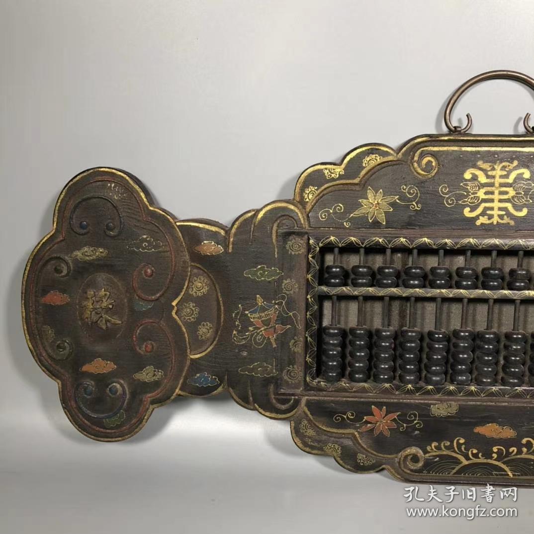 旧藏木胎彩绘漆器【福禄寿】如意木头珠子挂屏算盘