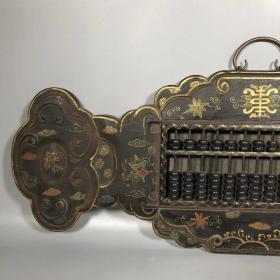 旧藏木胎彩绘漆器【福禄寿】如意木头珠子挂屏算盘