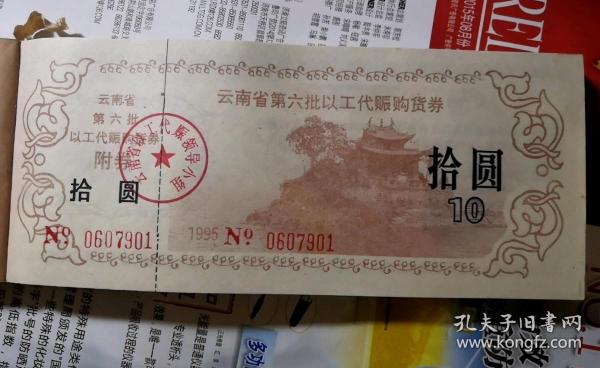 96年云南省第6批以工代赈购货劵拾元100张，