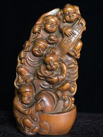 黄杨木手工雕刻(五子登科)摆件，高15厘米，宽7厘米，重220克